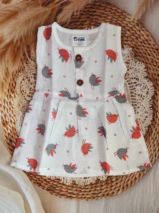 MUSLIN SLEEVLESS FROCK - SPARROW / BIRDS
