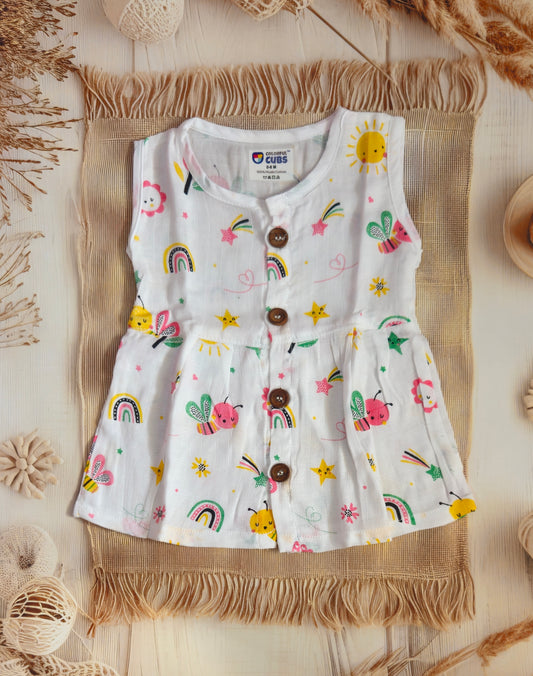MUSLIN SLEEVLESS FROCK - RAINBOW & SUNBEES