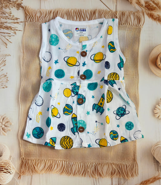 MUSLIN SLEEVLESS FROCK - SPACE/ROCKET