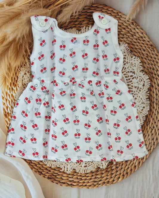 MUSLIN TOP BUTTON FROCK  - CHERRY