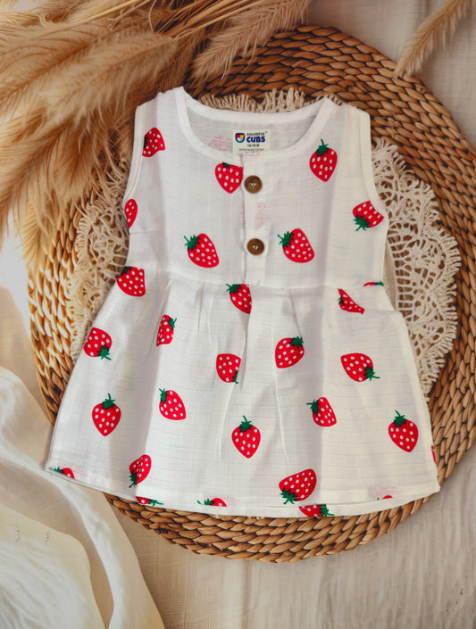 MUSLIN SLEEVLESS FROCK - STRAWBERRY